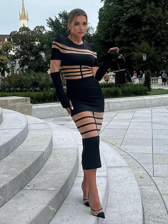 ブラック ボディコンドレス カラーブロック 長袖 エレガントな誕生日パーティー シアーロングドレス レディース 2025