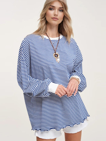 ホワイト ストライププリントスウェットシャツ ランタン 長袖 ツートン ドロップショルダー 春 トップス レディース 2025