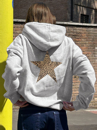 ヒョウ柄の星柄長袖レディースグレーパーカー 春トップス 2026