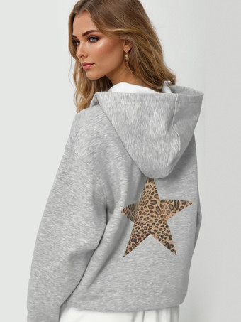 ヒョウ柄の星柄長袖レディースグレーパーカー 春トップス 2026