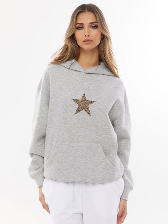 ヒョウ柄の星柄長袖レディースグレーパーカー 春トップス 2026