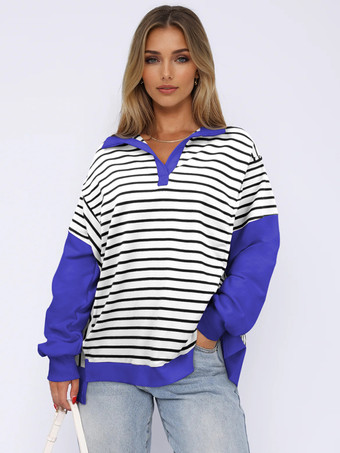 ブラック ストライププリントスウェットシャツ ドロップショルダー ツートンカラー ターンダウンカラー 春トップス レディース 2025