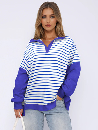 ブルー ストライププリントスウェットシャツ ドロップショルダー ツートンカラー ターンダウンカラー 春トップス レディース 2025