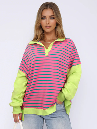 ホットピンクストライププリントスウェットシャツ ドロップショルダー ツートンカラー ターンダウンカラー 春トップス レディース 2025