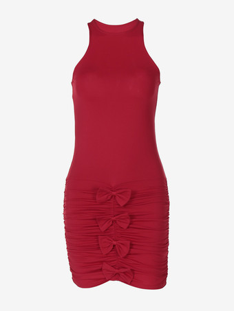 リボン付きボディコンドレス ノースリーブ ジュエルネック セクシークラブミニドレス レディース 2026