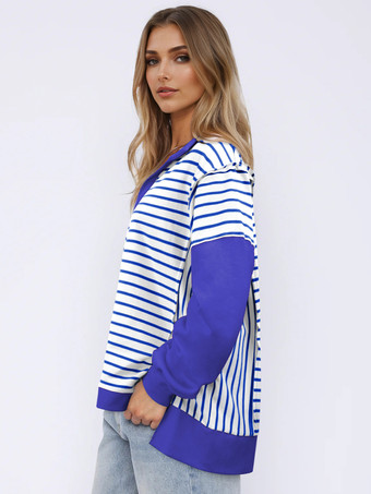 ストライププリントスウェットシャツ ドロップショルダー ツートンカラー ターンダウンカラー 春トップス レディース 2025