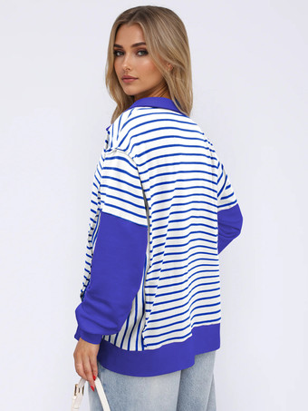 ストライププリントスウェットシャツ ドロップショルダー ツートンカラー ターンダウンカラー 春トップス レディース 2025