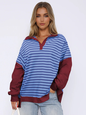 ライトスカイブルーストライププリントスウェットシャツ ドロップショルダー ツートンカラー ターンダウンカラー 春トップス レディース 2025