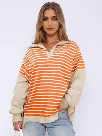 オレンジ ストライププリントスウェットシャツ ドロップショルダー ツートンカラー ターンダウンカラー 春トップス レディース 2025