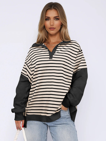 アイボリー ストライププリントスウェットシャツ ドロップショルダー ツートンカラー ターンダウンカラー 春トップス レディース 2025