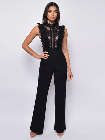 ブラック レースジャンプスーツ スタンドカラー ノースリーブ シアー 夏ワンピース 2025年レディース