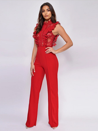 レッド レースジャンプスーツ スタンドカラー ノースリーブ シアー 夏ワンピース 2025年レディース