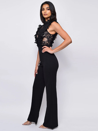 レースジャンプスーツ スタンドカラー ノースリーブ シアー 夏ワンピース 2025年レディース