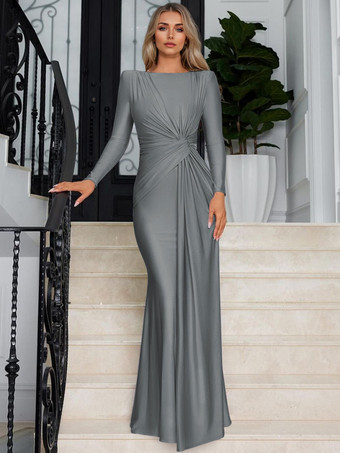 グレイ結び目のあるウエストのマキシドレス、長袖プリーツセミフォーマルパーティーロングドレス、女性用 2025