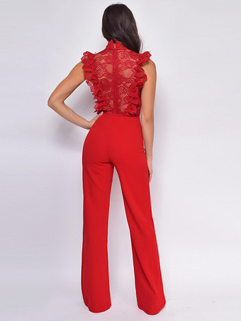 レースジャンプスーツ スタンドカラー ノースリーブ シアー 夏ワンピース 2025年レディース