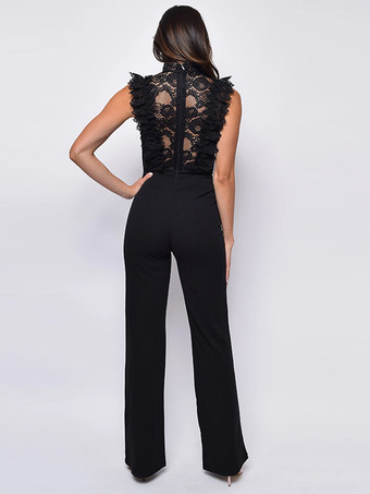 レースジャンプスーツ スタンドカラー ノースリーブ シアー 夏ワンピース 2025年レディース