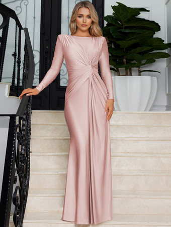 ピンク結び目のあるウエストのマキシドレス、長袖プリーツセミフォーマルパーティーロングドレス、女性用 2025