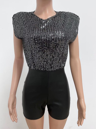 スパンコール ジャンプスーツ ブラック ジュエルネック ノースリーブ オープンバック スキニー クラブウェア レディース 2025