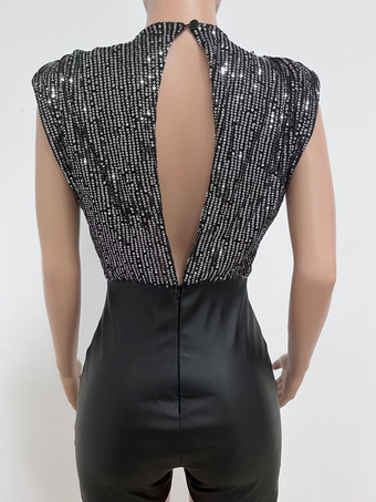 スパンコール ジャンプスーツ ブラック ジュエルネック ノースリーブ オープンバック スキニー クラブウェア レディース 2025