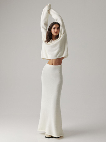 ホワイト ニットツーピースコーデセット フェイクミンクファー ドロップショルダー Vネック トップス＆ロングスカート レディース 2025