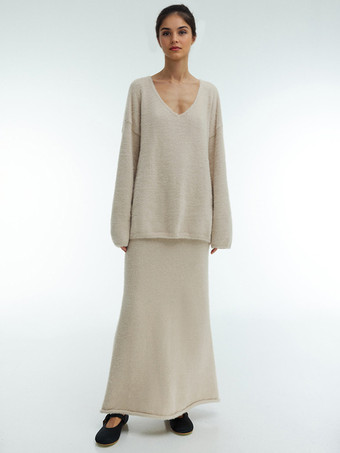 アプリコットニットツーピースコーデセット フェイクミンクファー ドロップショルダー Vネック トップス＆ロングスカート レディース 2025