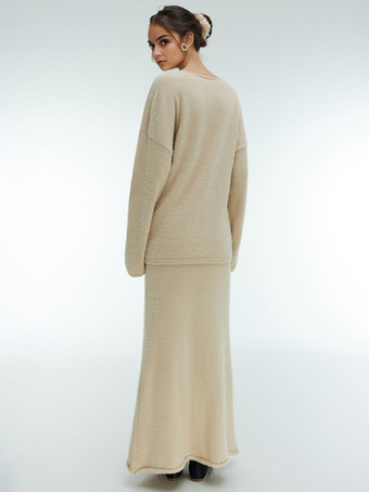 ニットツーピースコーデセット フェイクミンクファー ドロップショルダー Vネック トップス＆ロングスカート レディース 2025