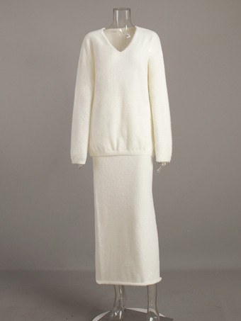 ニットツーピースコーデセット フェイクミンクファー ドロップショルダー Vネック トップス＆ロングスカート レディース 2025