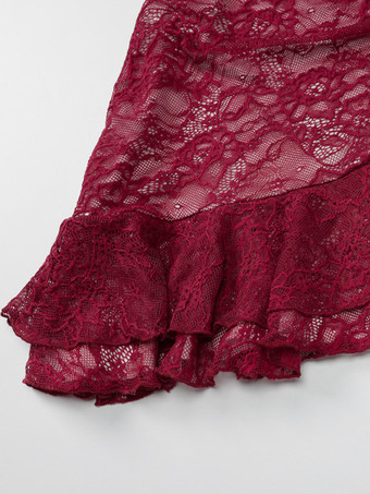 レースボディコンドレス、バーガンディ、ノースリーブ、フリル裾、セクシーなミニクラブドレス、レディース 2025