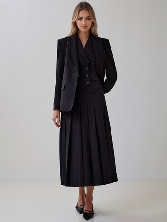 女性用オフィスツーピースコーデセット ダブルブレストラペルベストとプリーツロングスカートの夏コーデ 2025