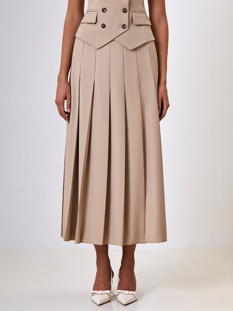 女性用オフィスツーピースコーデセット ダブルブレストラペルベストとプリーツロングスカートの夏コーデ 2025