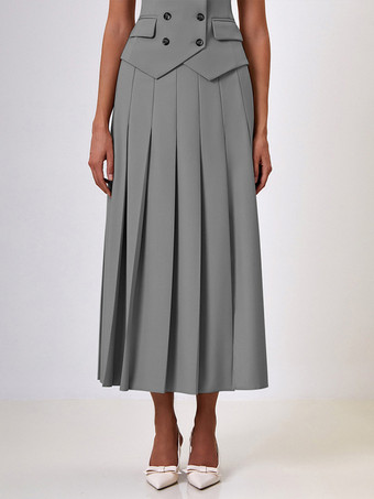 女性用オフィスツーピースコーデセット ダブルブレストラペルベストとプリーツロングスカートの夏コーデ 2025