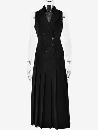 女性用オフィスツーピースコーデセット ダブルブレストラペルベストとプリーツロングスカートの夏コーデ 2025