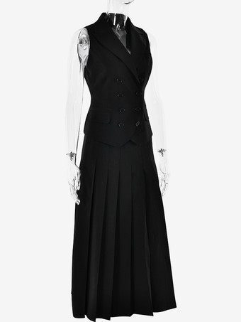 女性用オフィスツーピースコーデセット ダブルブレストラペルベストとプリーツロングスカートの夏コーデ 2025