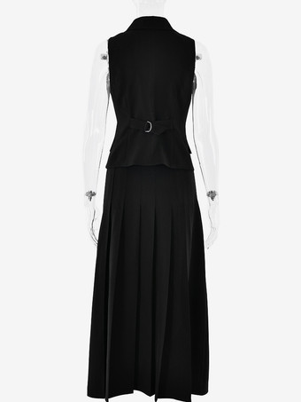 女性用オフィスツーピースコーデセット ダブルブレストラペルベストとプリーツロングスカートの夏コーデ 2025