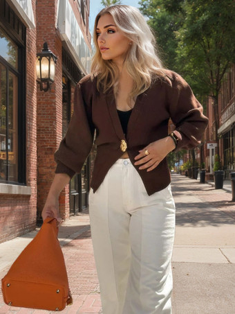 ブラウン セーター カーディガン Vネック ワンボタン 長袖 春 カジュアル アウター レディース 2025