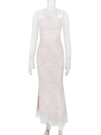 トランペットドレス レースアップ カットアウト 花柄 刺繍 長袖 プロムドレス