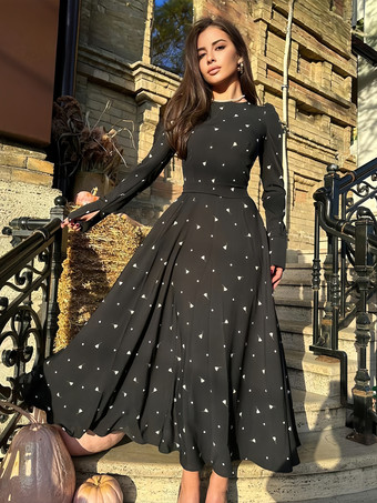 ブラック ミニ トライアングル プリント ドレス ラウンドネック 長袖 カジュアル マキシ ドレス