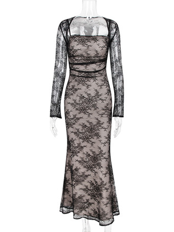 トランペットドレス レースアップ カットアウト 花柄 刺繍 長袖 プロムドレス