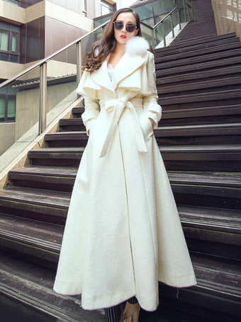 abrigo mujer blanco con manga larga de cuello vuelto de mezclada de lana Color liso Moda Mujer estilo moderno Invierno Chaquetas