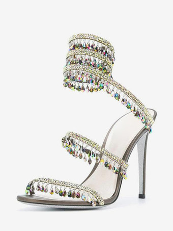 ハイヒールサンダル レディース オープントゥ ラインストーン レースアップ プロムシューズ