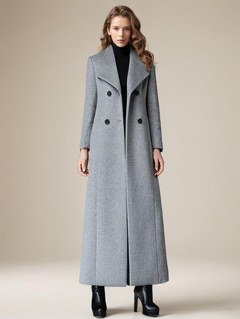 Coat For Woman Turndown Collar Buttons Retro Grey Wrap Coat