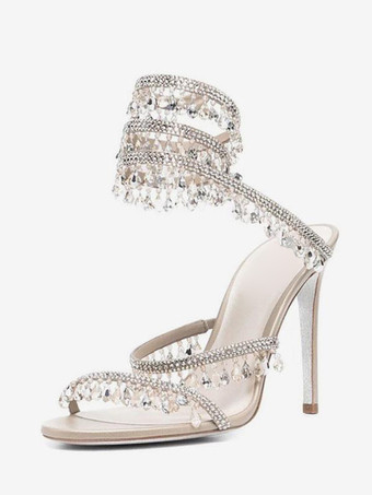 ハイヒールサンダル レディース オープントゥ ラインストーン レースアップ プロムシューズ