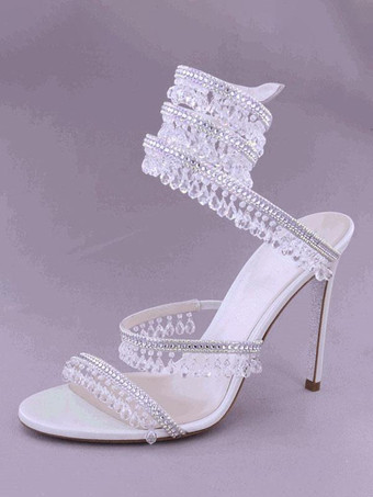 アイボリー ハイヒールサンダル レディース オープントゥ ラインストーン レースアップ プロムシューズ