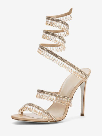 アプリコットハイヒールサンダル レディース オープントゥ ラインストーン レースアップ プロムシューズ