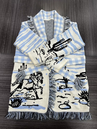 ジャカード カーディガン タッセル トリム ベルト付き 自然にインスパイアされたボヘミアン セーター