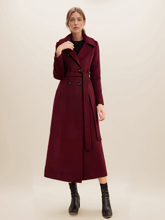 ロングウールブレンドコート レディース バーガンディ ダブルブレスト ベルト付き ターンダウンカラー クラシック 冬アウター 2025