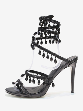 ハイヒールサンダル レディース オープントゥ ラインストーン レースアップ プロムシューズ