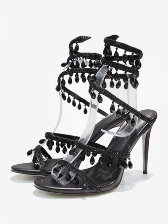 ハイヒールサンダル レディース オープントゥ ラインストーン レースアップ プロムシューズ