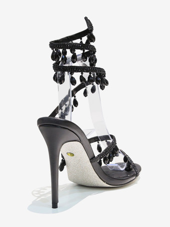 ハイヒールサンダル レディース オープントゥ ラインストーン レースアップ プロムシューズ