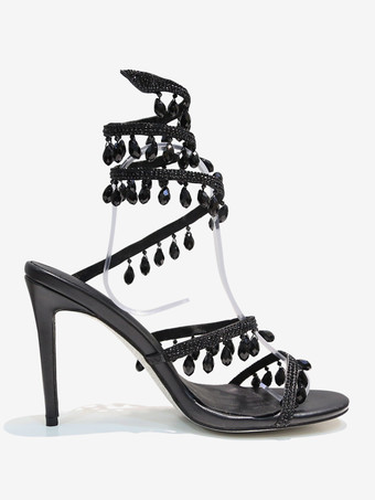 ハイヒールサンダル レディース オープントゥ ラインストーン レースアップ プロムシューズ